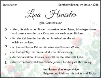 Traueranzeige von Lina Henseler von Heidenheimer Zeitung