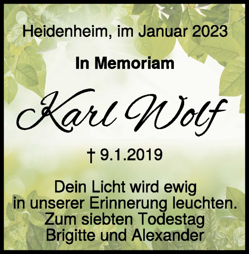  Traueranzeige für Karl Wolf vom 09.01.2026 aus Heidenheimer Zeitung