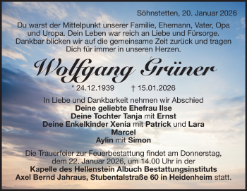 Traueranzeige von Wolfgang Grüner von Heidenheimer Zeitung