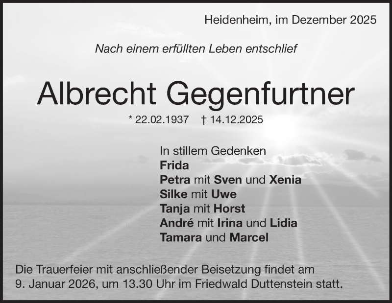  Traueranzeige für Albrecht Gegenfurtner vom 03.01.2026 aus Heidenheimer Zeitung