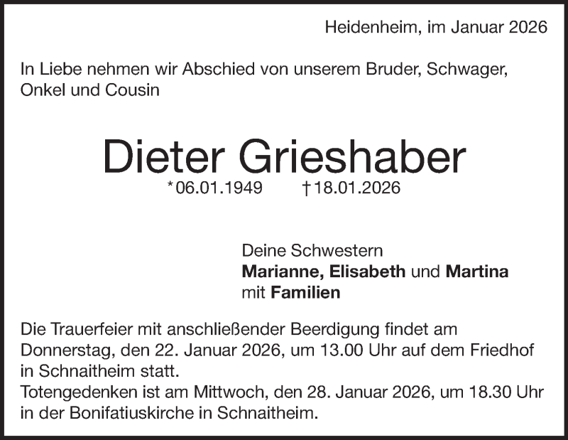  Traueranzeige für Dieter Grieshaber vom 21.01.2026 aus Heidenheimer Zeitung