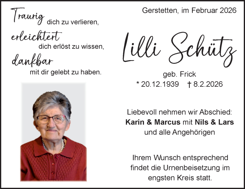  Traueranzeige für Lilli Schütz vom 21.02.2026 aus Heidenheimer Zeitung