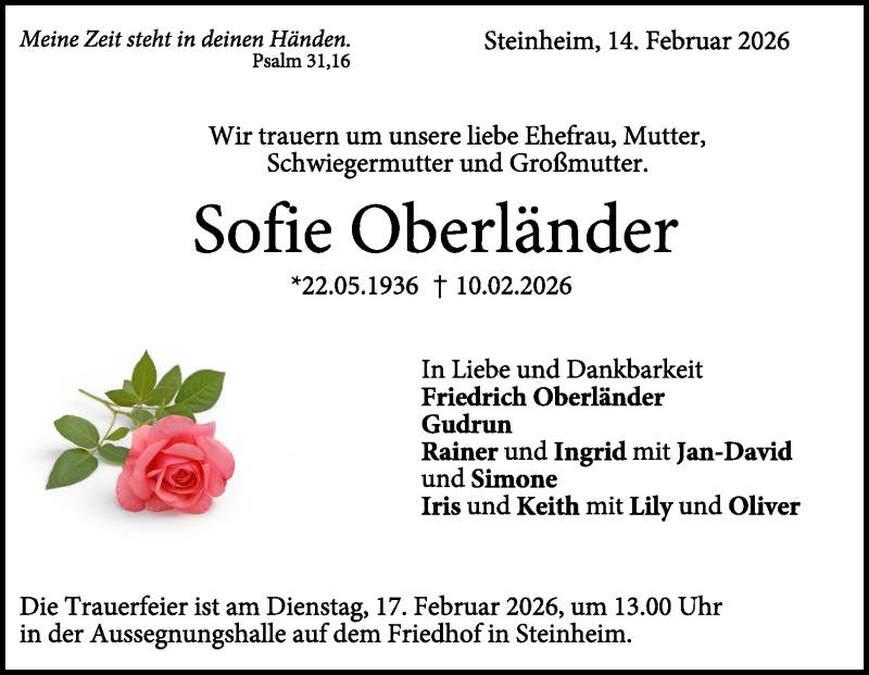  Traueranzeige für Sofie Oberländer vom 14.02.2026 aus Heidenheimer Zeitung
