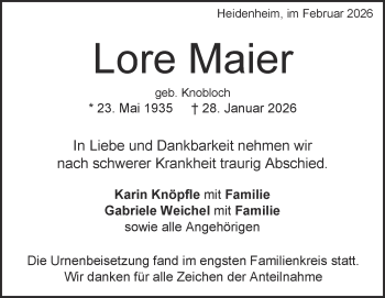 Traueranzeige von Lore Maier von Heidenheimer Zeitung