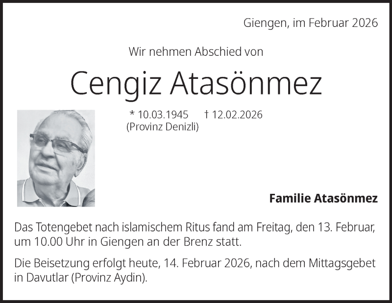  Traueranzeige für Cengiz Atasönmez vom 14.02.2026 aus Heidenheimer Zeitung