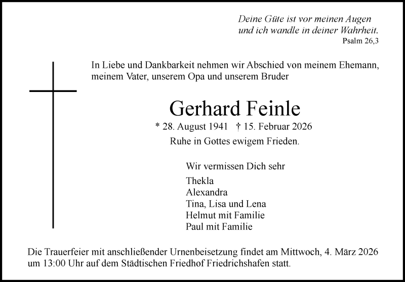  Traueranzeige für Gerhard Feinle vom 25.02.2026 aus Heidenheimer Zeitung