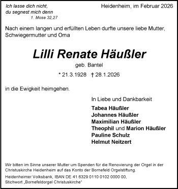 Traueranzeige von Lilli Renate Häußler von Heidenheimer Zeitung