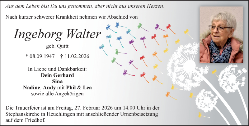  Traueranzeige für Ingeborg Walter vom 24.02.2026 aus Heidenheimer Zeitung