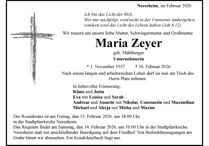 Traueranzeige für Maria Zeyer vom 12.02.2026 aus Heidenheimer Zeitung