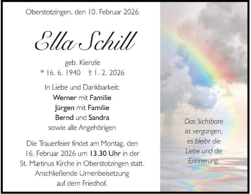  Traueranzeige für Ella Schill vom 10.02.2026 aus Heidenheimer Zeitung