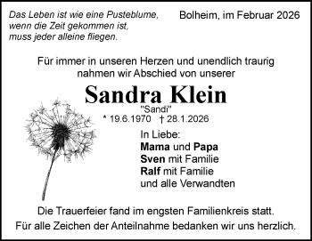 Traueranzeige von Sandra Klein von Heidenheimer Zeitung
