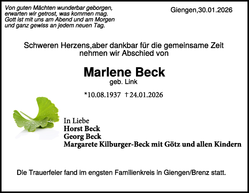  Traueranzeige für Marlene Beck vom 03.02.2026 aus Heidenheimer Zeitung