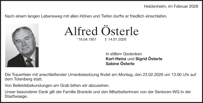  Traueranzeige für Alfred Österle vom 14.02.2026 aus Heidenheimer Zeitung