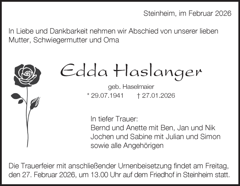  Traueranzeige für Edda Haslanger vom 14.02.2026 aus Heidenheimer Zeitung