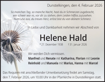 Traueranzeige von Helene Hald von Heidenheimer Zeitung