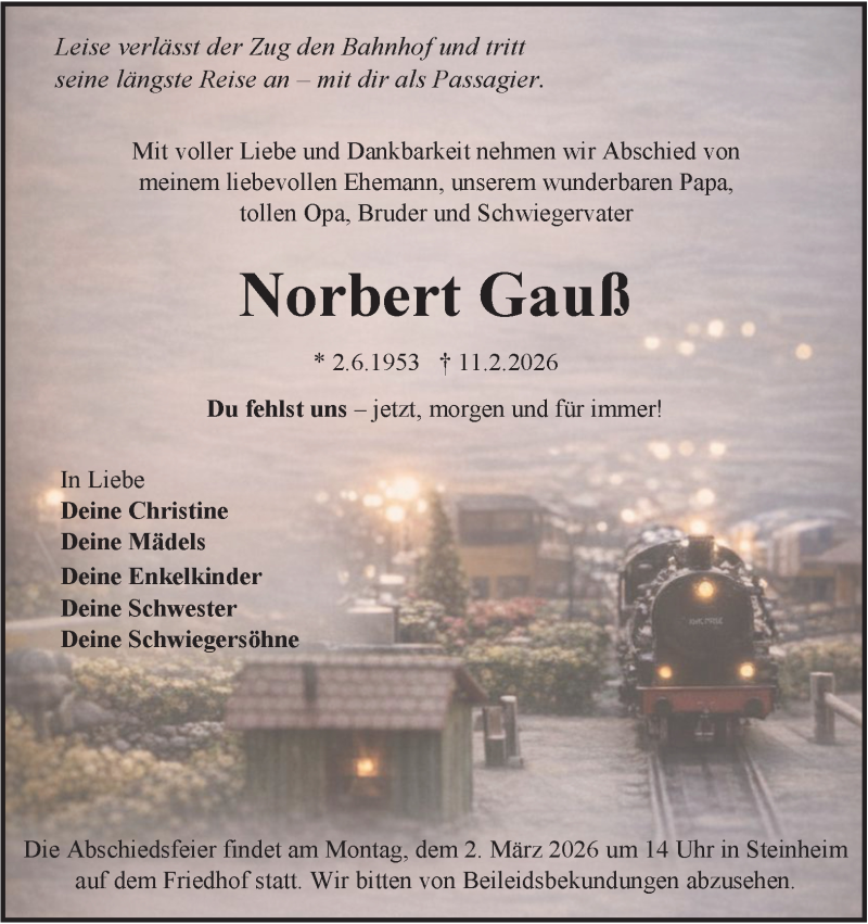  Traueranzeige für Norbert Gauß vom 25.02.2026 aus Heidenheimer Zeitung