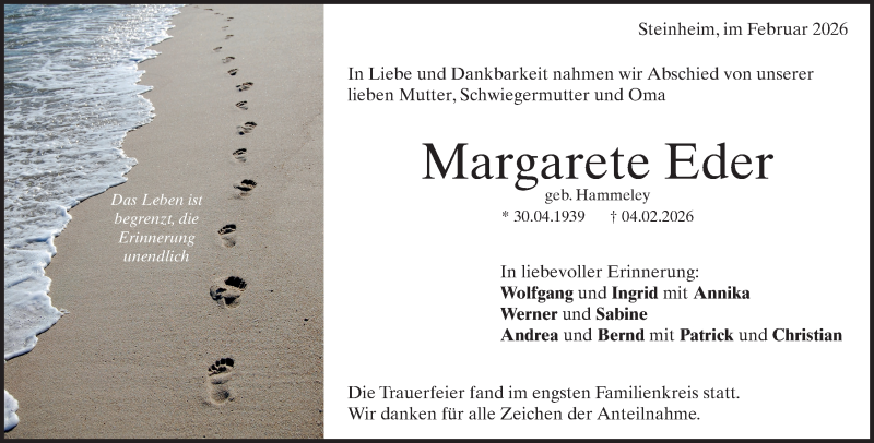  Traueranzeige für Margarete Eder vom 16.02.2026 aus Heidenheimer Zeitung