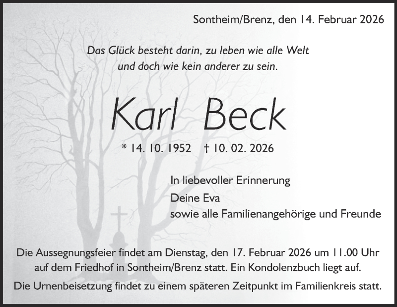  Traueranzeige für Karl Beck vom 14.02.2026 aus Heidenheimer Zeitung