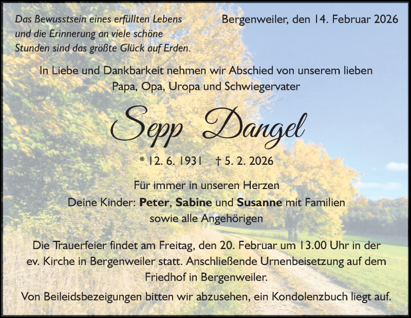  Traueranzeige für Sepp Dangel vom 14.02.2026 aus Heidenheimer Zeitung