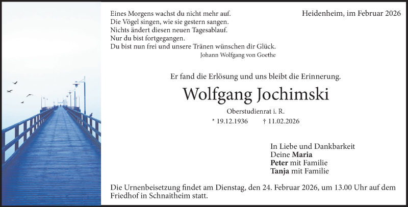  Traueranzeige für Wolfgang Jochimski vom 21.02.2026 aus Heidenheimer Zeitung