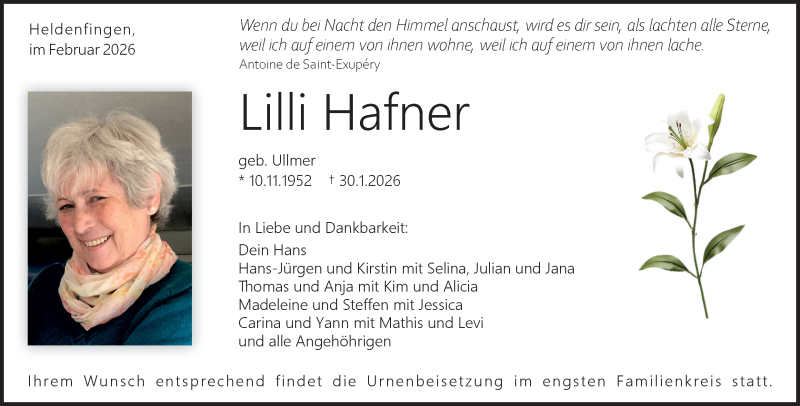  Traueranzeige für Lilli Hafner vom 04.02.2026 aus Heidenheimer Zeitung