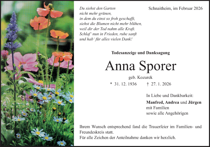  Traueranzeige für Anna Sporer vom 21.02.2026 aus Heidenheimer Zeitung