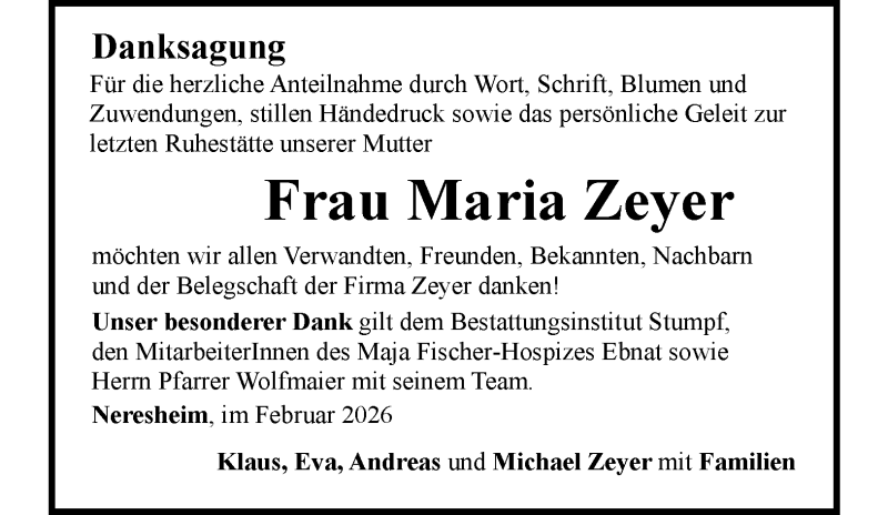  Traueranzeige für Maria Zeyer vom 25.02.2026 aus Heidenheimer Zeitung