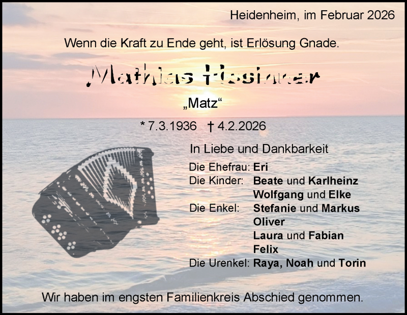  Traueranzeige für Mathias Hosinner vom 21.02.2026 aus Heidenheimer Zeitung