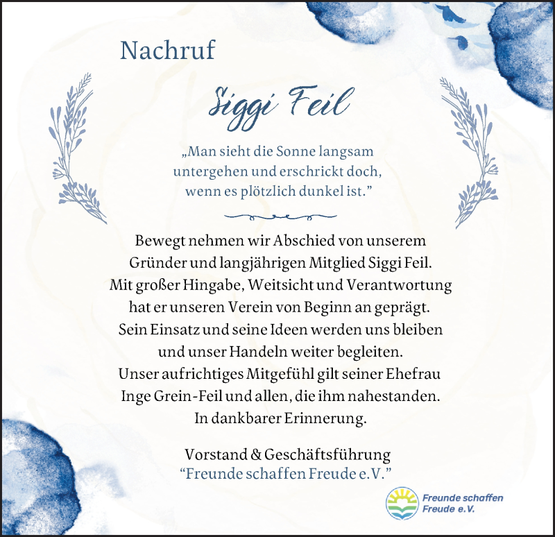  Traueranzeige für Siggi Feil vom 21.02.2026 aus Heidenheimer Zeitung