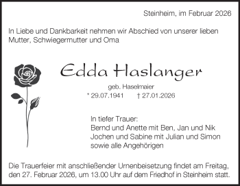 Traueranzeige von Edda Haslanger von Heidenheimer Zeitung