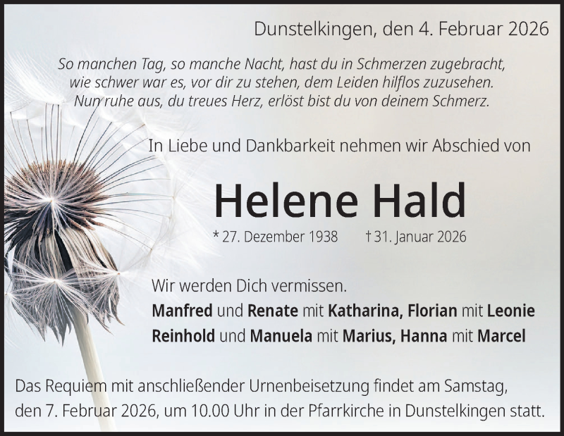  Traueranzeige für Helene Hald vom 04.02.2026 aus Heidenheimer Zeitung