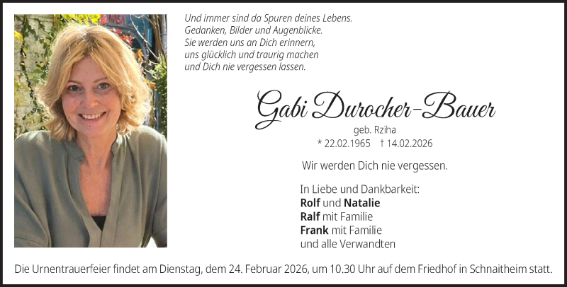  Traueranzeige für Gabi Durocher-Bauer vom 18.02.2026 aus Heidenheimer Zeitung