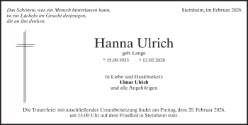 Traueranzeige von Hanna Ulrich von Heidenheimer Zeitung