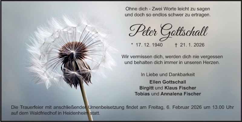  Traueranzeige für Peter Gottschall vom 02.02.2026 aus Heidenheimer Zeitung
