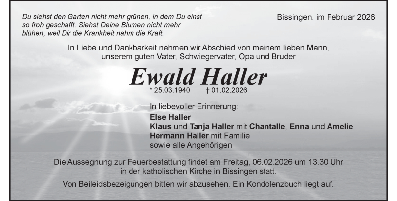  Traueranzeige für Ewald Haller vom 04.02.2026 aus Heidenheimer Zeitung