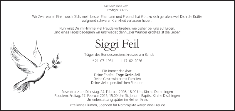  Traueranzeige für Siggi Feil vom 21.02.2026 aus Heidenheimer Zeitung