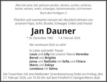 Traueranzeige von Jan Dauner von Heidenheimer Zeitung