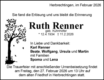 Traueranzeige von Ruth Renner von Heidenheimer Zeitung