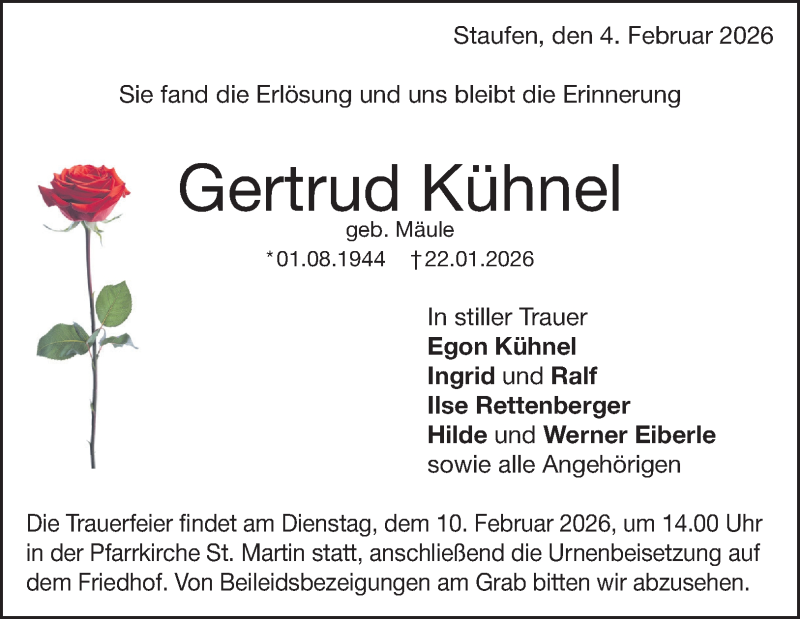  Traueranzeige für Gertrud Kühnel vom 04.02.2026 aus Heidenheimer Zeitung