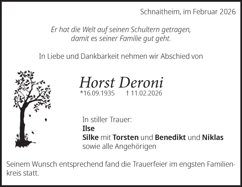  Traueranzeige für Horst Deroni vom 26.02.2026 aus Heidenheimer Zeitung