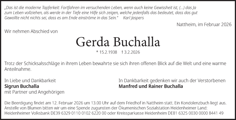  Traueranzeige für Gerda Buchalla vom 10.02.2026 aus Heidenheimer Zeitung