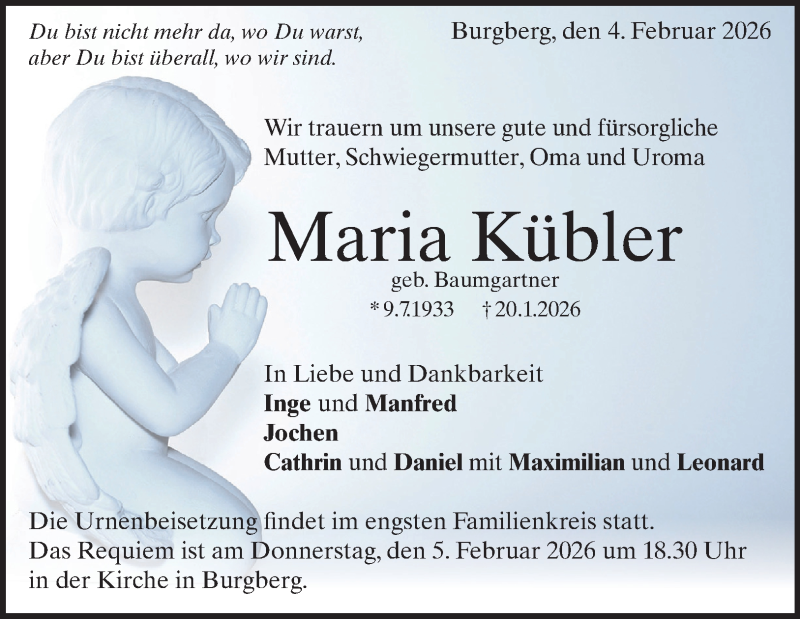  Traueranzeige für Maria Kübler vom 04.02.2026 aus Heidenheimer Zeitung